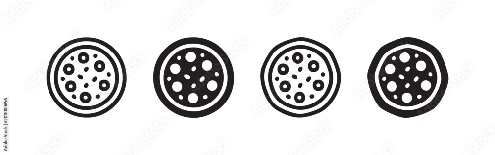 Obraz premium Four hand-drawn icons of pizzas on a white background