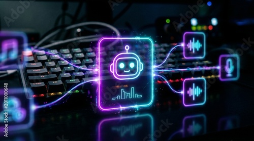 Dynamic neon chatbot interface symbolizing AI voice assistant technology, digital communication, and audio processing in a futuristic computing environment