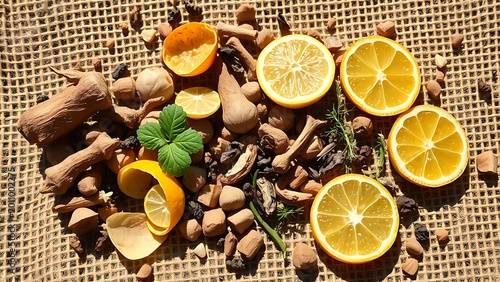 correlating. Assorted botanicals scattered on rough burlap fabric in sunlight. gardening catalogs, home-decor guides, designed for home decor and floral branding, promotes healthy living.