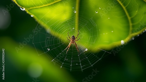 unobserved. A spider weaving a delicate web on a large green leaf with morning dew. wildlife magazines, conservation campaigns, designed for wildlife conservation campaigns, used by product managers.