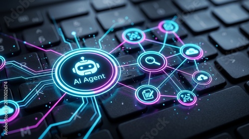 Artificial Intelligence Network connecting various digital services and functions on a computer keyboard