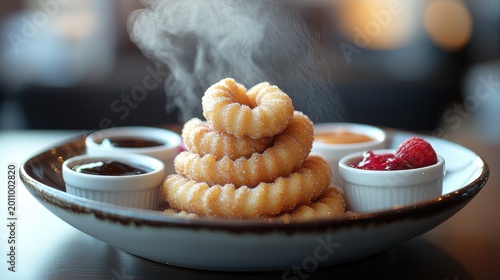 Churro dessert mini spiral pastries with cinnamon sugar dusting served on modern plate with three gourmet dipping sauces at upscale restaurant