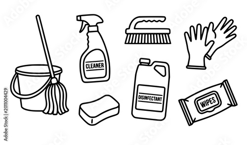 Canvastavla Cleaning outline icon set vector hygiene and disinfect tools line symbols for ho