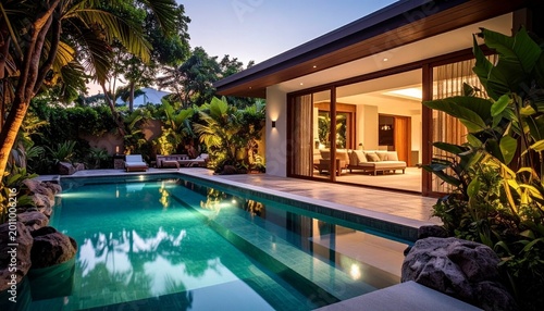 Modern tropical house with pool lush greenery evening lights