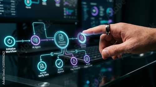 Digital transformation concept with flowchart and hand interacting with futuristic interface