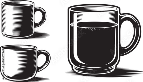 Set of Three Coffee Mug Illustrations with Different Engraved Textures in Vintage