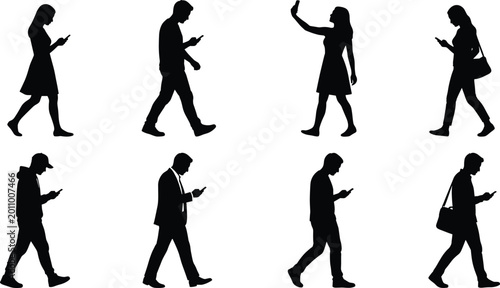 Bild auf Leinwand People walking with smartphone silhouettes men and women using mobile phone text