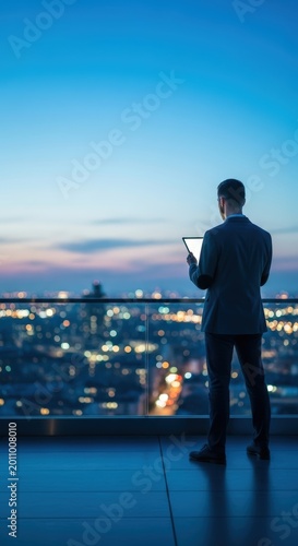 Businessman on Rooftop Overlooking City at Dusk with Tablet.