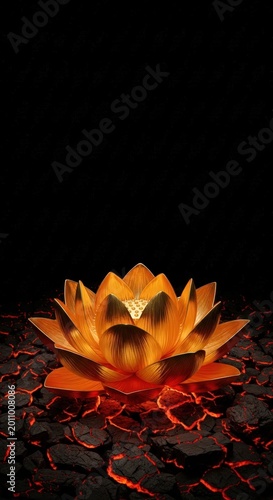 Glowing orange lotus flower in darkness.