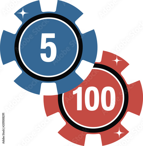 Casino Poker Chips with Numbers 5 and 100 gambling