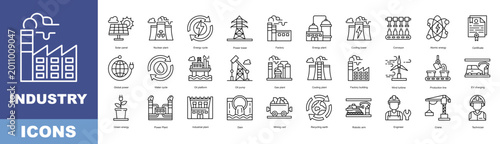Industry icon pack collection set for business management. With Solar panel, Nuclear plant, Energy cycle, Power tower, Factory, Energy plant, Cooling tower, Conveyor, Atomic energy, Certificate.