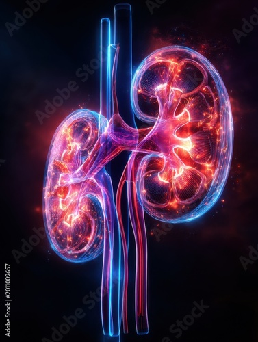 Glowing Abstract Illustration of Diabetic Nephropathy Showing Sugar Impact on Kidney Health