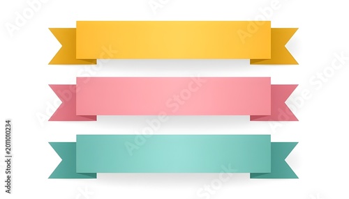 Yellow Pink Teal Ribbon Banner Set Flat Paper Folded Flag Collection Isolated On White Background Decorative Message Label