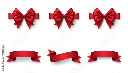 Red Satin Gift Bows And Ribbon Banners Set Decorative Silk Ornaments For Holiday Packaging Isolated On White Background Decor