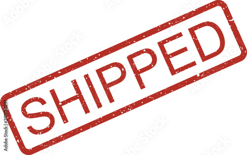 Foto Deep red grunge rubber stamp with the word SHIPPED indicating successful order d
