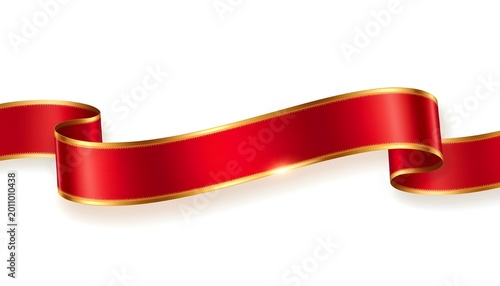 Red Satin Ribbon With Gold Edge Wavy Silk Banner Isolated On White Background Decorative Festive Curled Streamer Ornament