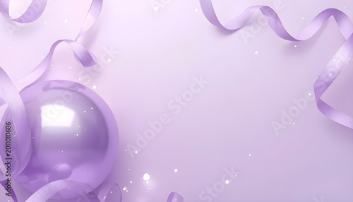 Elegant Purple Ribbon Background With Glossy Sphere And Festive Curling Satin Streamers Luxury Soft Lavender Banner Decor