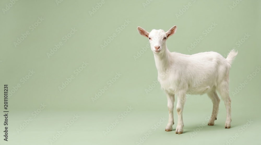 Fototapeta premium Cute white goat standing on a light green background looking at the camera.
