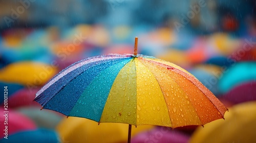 Vibrant rainbow umbrella opens in rain, offering protection and cheerful color to rainy day.