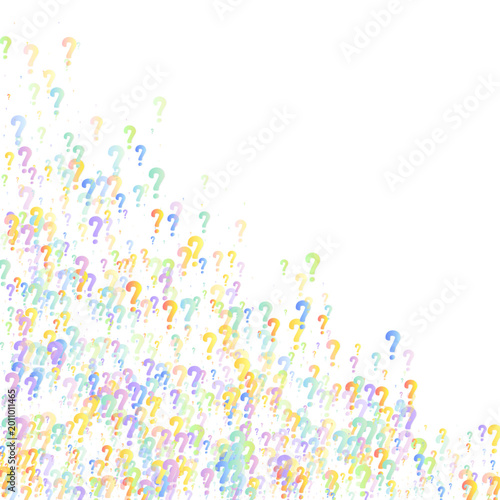Question marks. Background for quiz, poll, survey, faq, interrogation, query. Multicolored template for opinion, public poll. Funny School vector illustration rainbow color on white background.