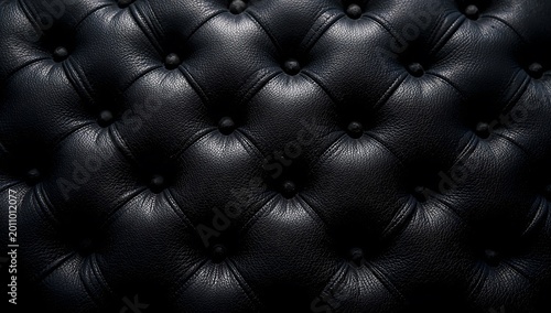 Close up of black tufted leather upholstery with deep shadows