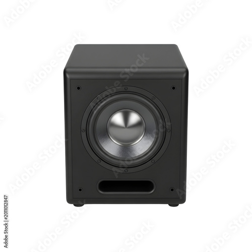 Modern black subwoofer speaker isolated on transparent background for audio equipment mockup