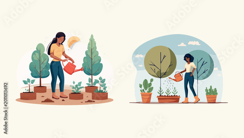 Vector illustrations depicting women engaged in mindful gardening, nurturing flourishing plants in home gardens, celebrating nature, growth, and sustainable living
