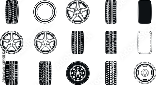 Tableau sur toile Set of Car Tires and Alloy Wheel Rims with Various Tread Patterns for Automotive