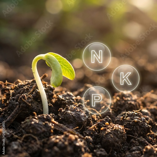 Young green plant sprouting from nutrient rich soil with NPK labels