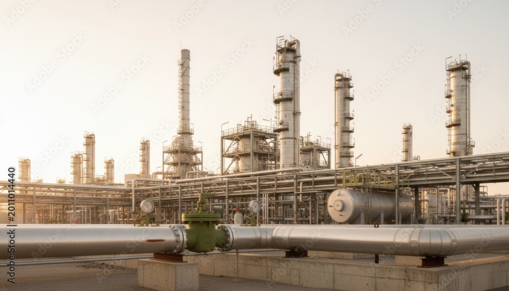 Obraz premium Large petrochemical refinery facility with tall distillation towers and industrial pipelines for energy industry marketing, oil and gas infrastructure and power plant business