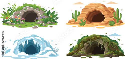 Fotografía Collection of four diverse nature cave entrances in forest desert ice and jungle
