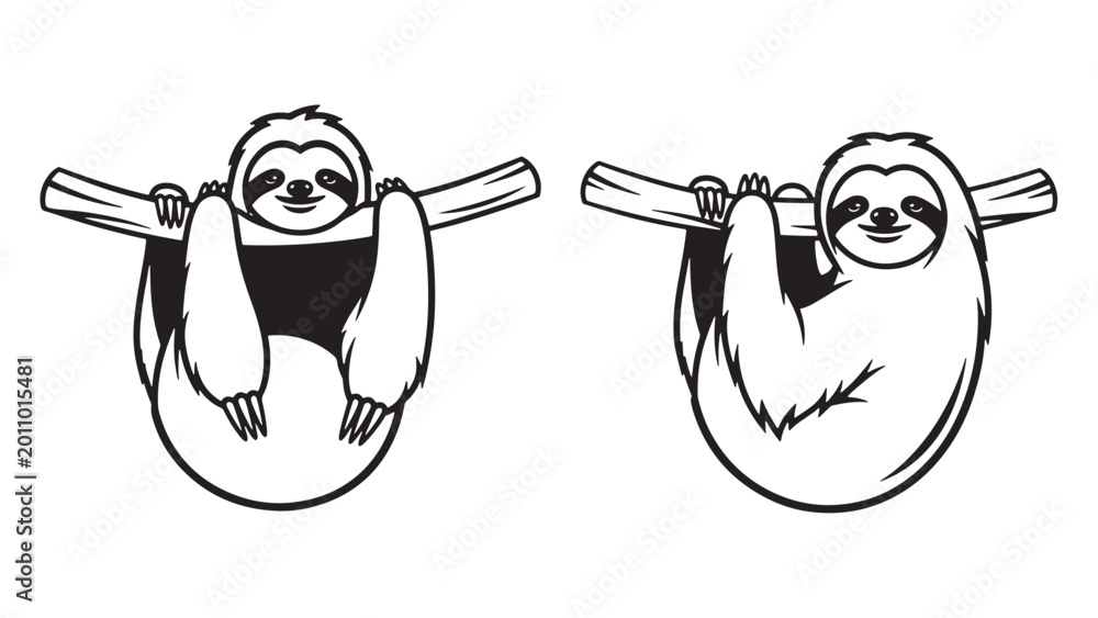 Fototapeta premium Two Cute Cartoon Sloths Hanging From Tree Branches Simple Vector Illustration