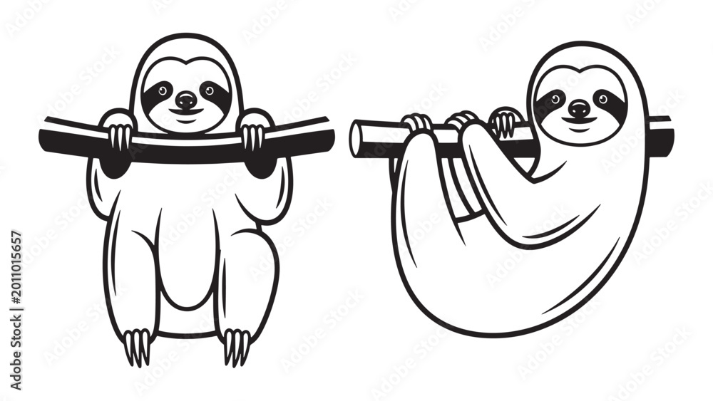 Fototapeta premium Set of cute sloth characters hanging on a branch in black outline style