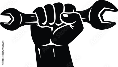 Photos Strong black fist holding a wrench, powerful symbol of labor, hard work, and industrial strength, vector graphic for construction and repair services