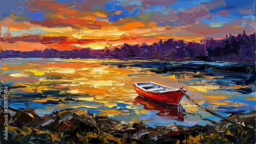 Bild auf Leinwand Colorful Sunset Seascape with Boat Painting Style Illustration