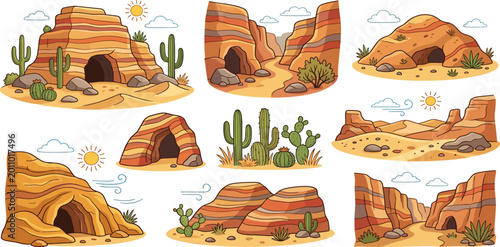 Canvastavla Desert landscape element set with red rock canyons caves cacti and sandstone mou