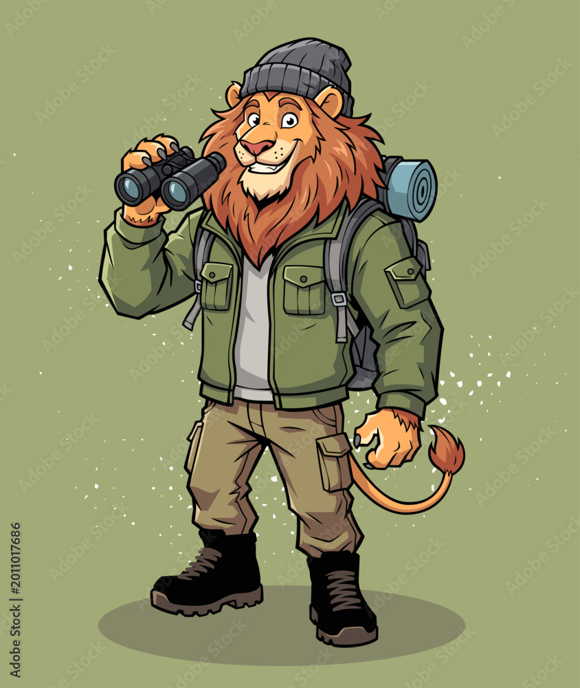 Obraz premium Adventurous Lion Traveler with Backpack and Binoculars