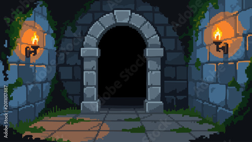Pixel Art Dungeon Entrance with Stone Arch and Torches