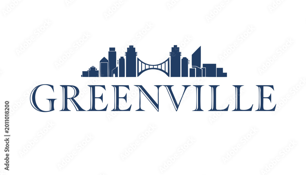 Fototapeta premium Vctor skyline of Greenville South Carolina featuring Liberty Bridge, with words “GREENVILLE”' written on clean white background