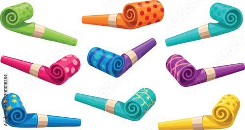 Foto Set of Colorful Cartoon Party Blowers with Various Patterns for Birthday Celebra