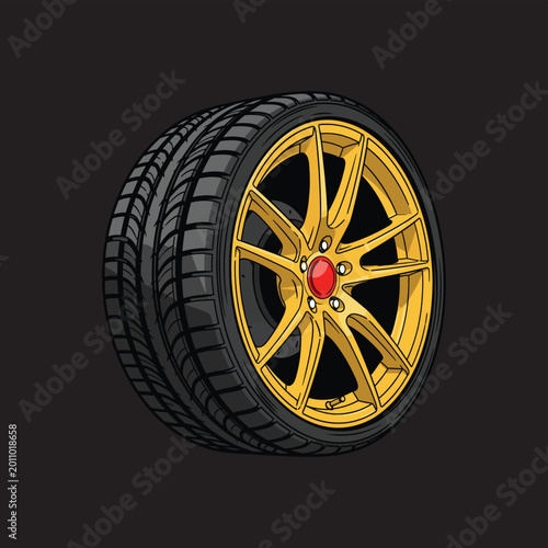 Sport car tire with luxury gold rim and red center cap vector illustration isolated on black background.