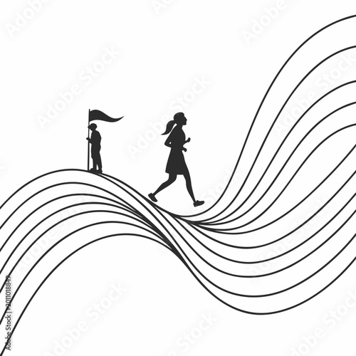 Canvas-taulu Female runner silhouette on wavy path with flag bearer ahead of finish line