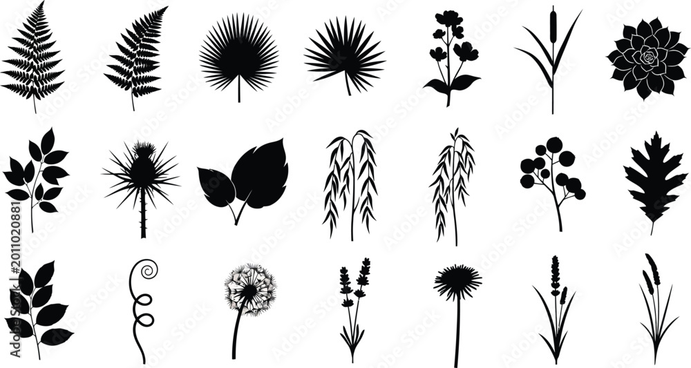 Fototapeta premium Black silhouettes of various plants, leaves, and flowers on white background, plant silhouettes leaf shapes