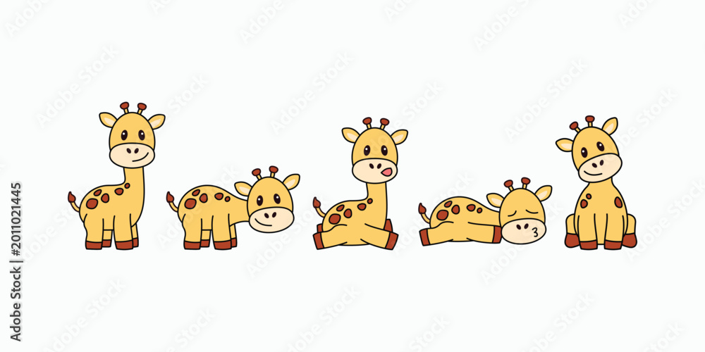 Obraz premium Cute cartoon giraffes in playful poses. Each one has gentle eyes and smiling faces. Sitting, standing, or lying down - all appear relaxed. Bright yellow bodies with brown spots