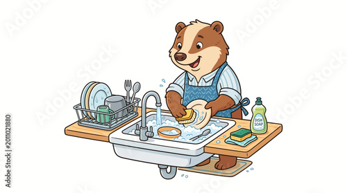 Foto Brown bear washing dishes in sink.