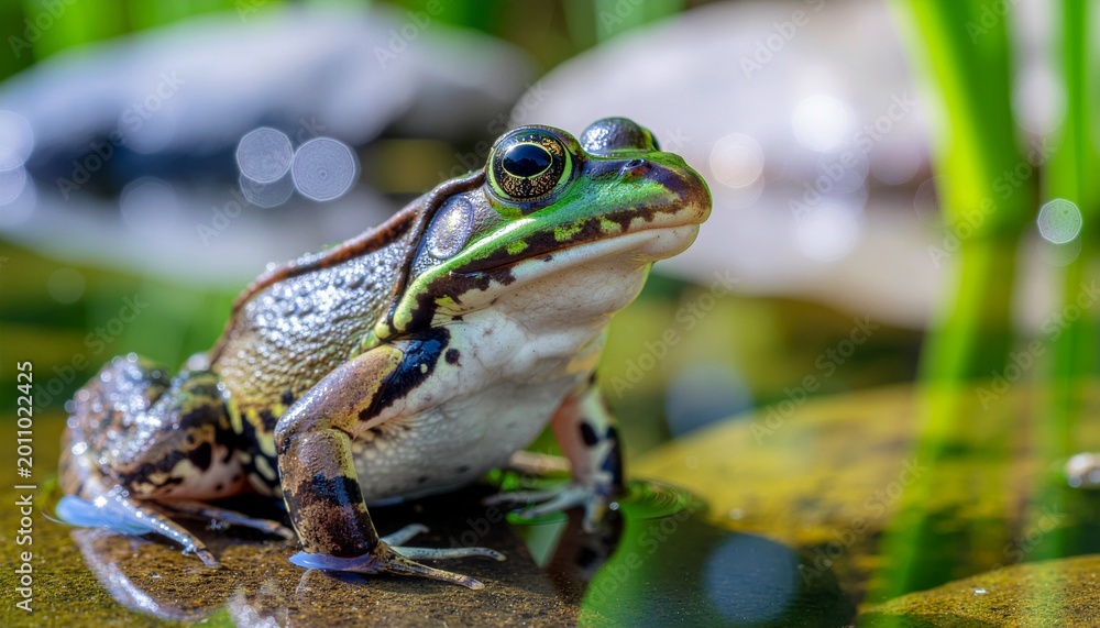 Fototapeta premium Characteristics of Living Things: Amphibian Life Cycle, Tadpole to Frog Transformation, Green Frog Sitting on Rock in Pond Water with Blurred Vegetation Background