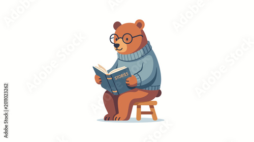 Fotografie Brown bear wearing glasses reading book.