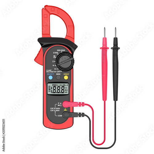 Foto A digital clamp multimeter with red and black test probes, used to measure elect