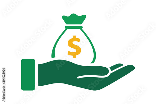 Money Bag in Hand Icon with Flat Finance Symbol for Investment Payment Business Design