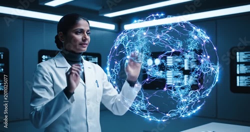 Scientist manipulating a glowing digital sphere in a high-tech laboratory with screens in background